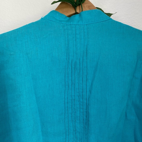 JM • Stunning Turquoise 100% Linen Sequence Pleated Buttoned Top - Picture 12 of 13